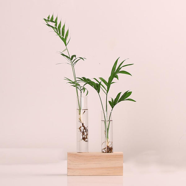 Glass Test Tube Vases with Wooden Block Base